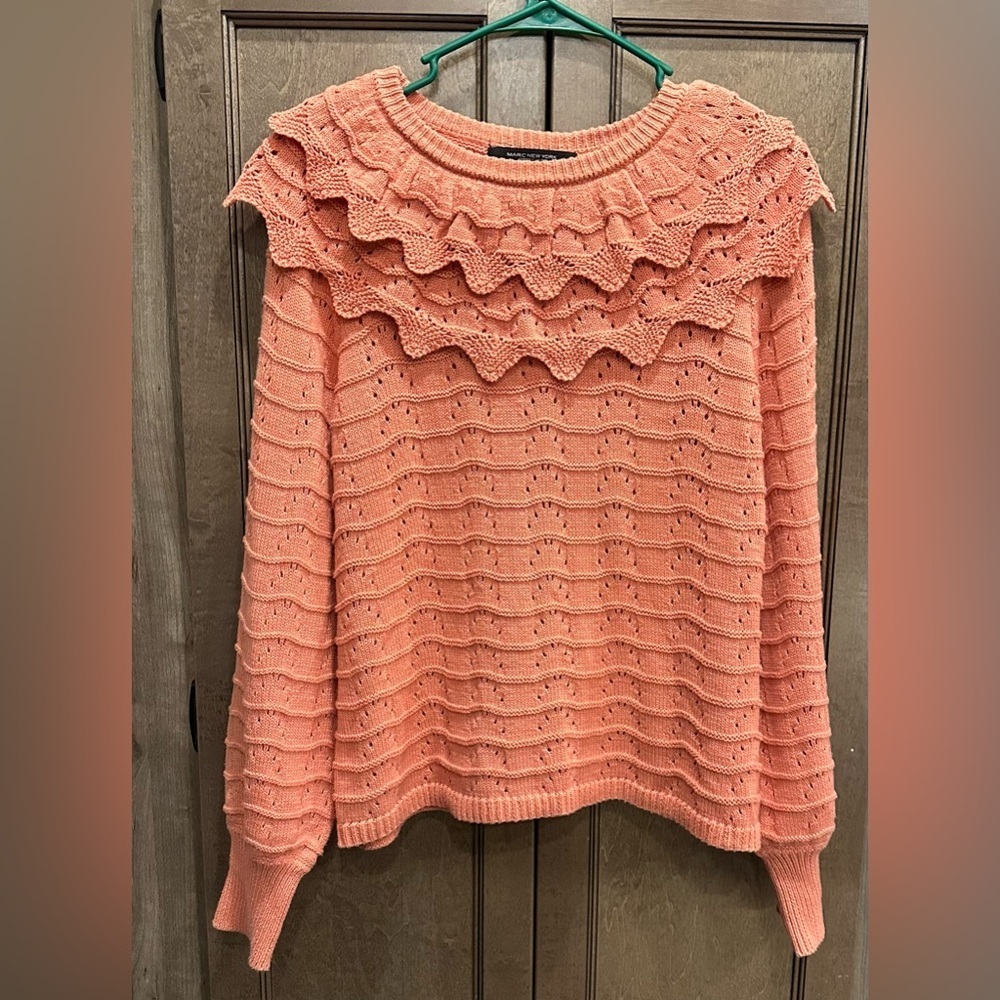 Marc New York Coral Ruffle Shawl Neck Sweater With Balloons Sleeves  Size Medium